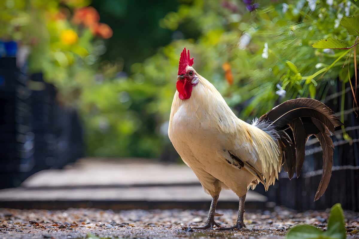 Witte haan in een groene tuin