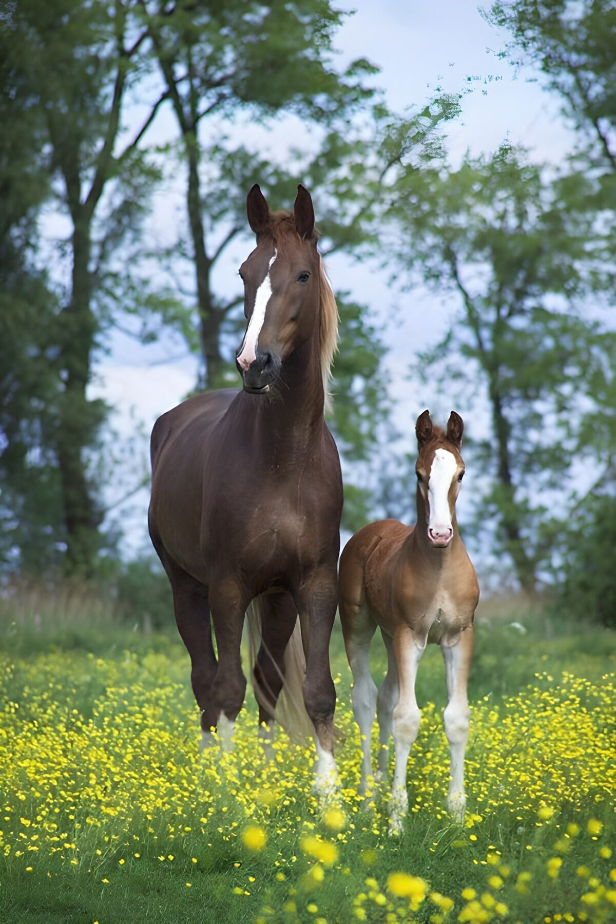 Paard en veulen in de bloemenweide