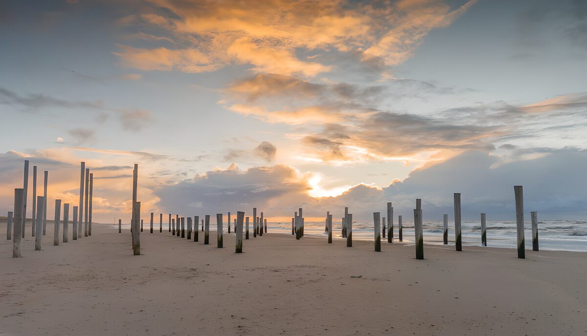 Houten palen op het strand bij zonsondergang