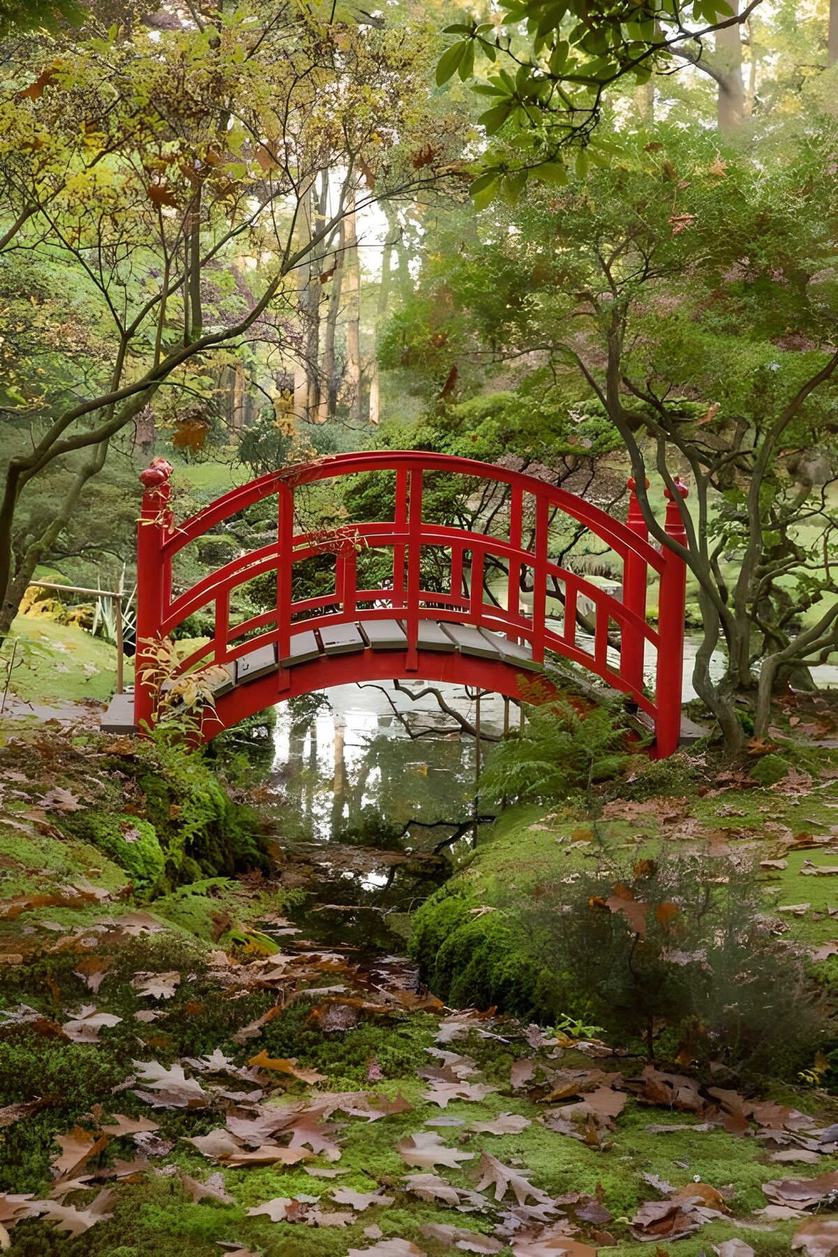 Rode boogbrug in een groene tuin