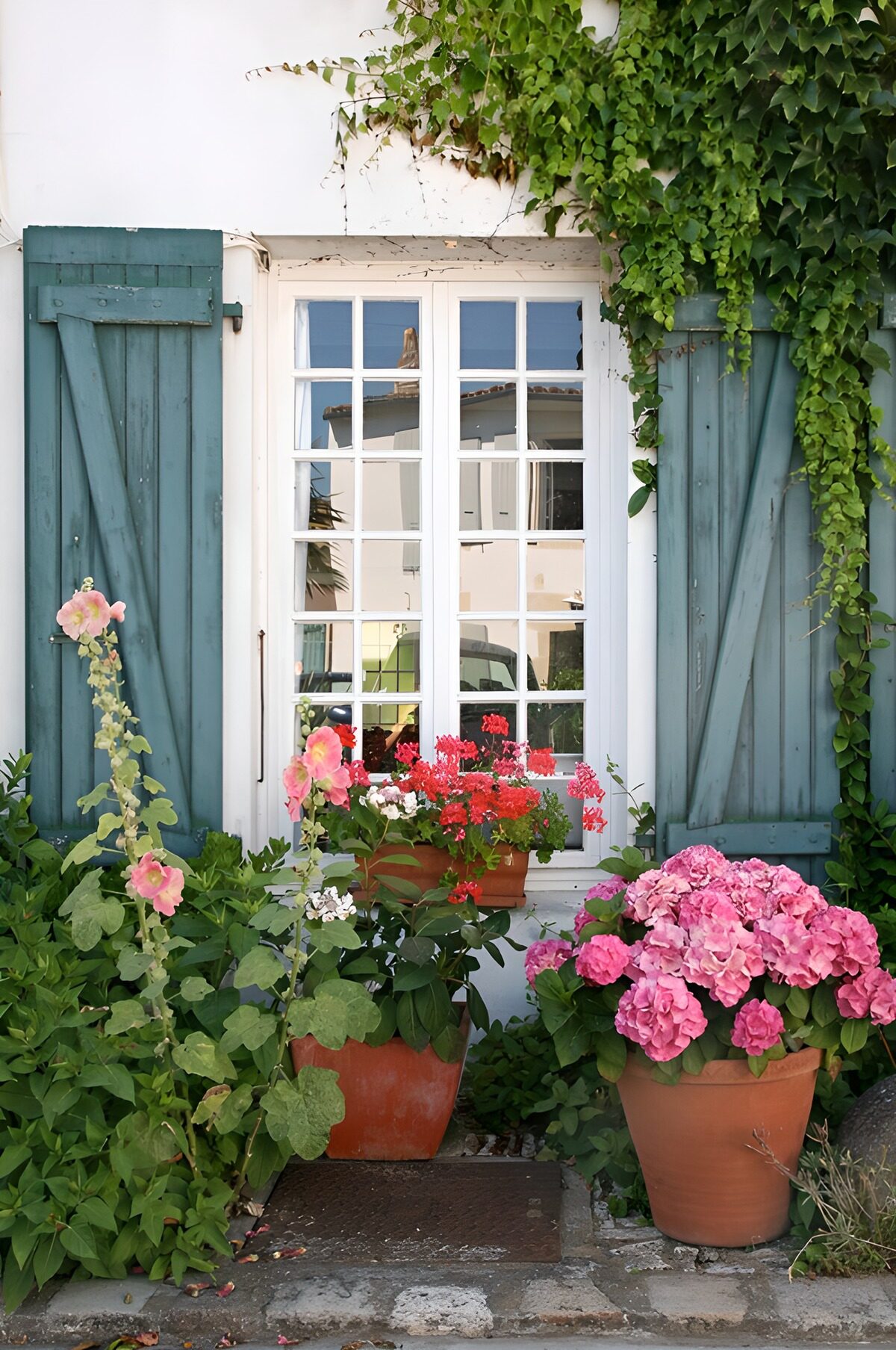 Blauwe luiken tussen bloemen en groen