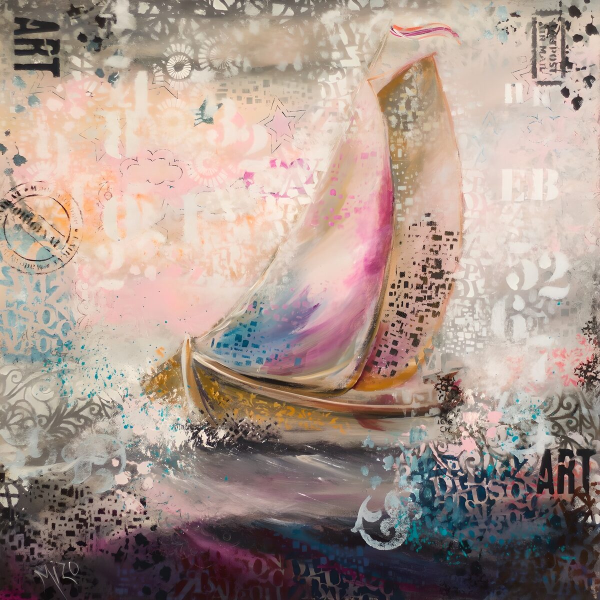 Zeilboot in pastel en verfspatten
