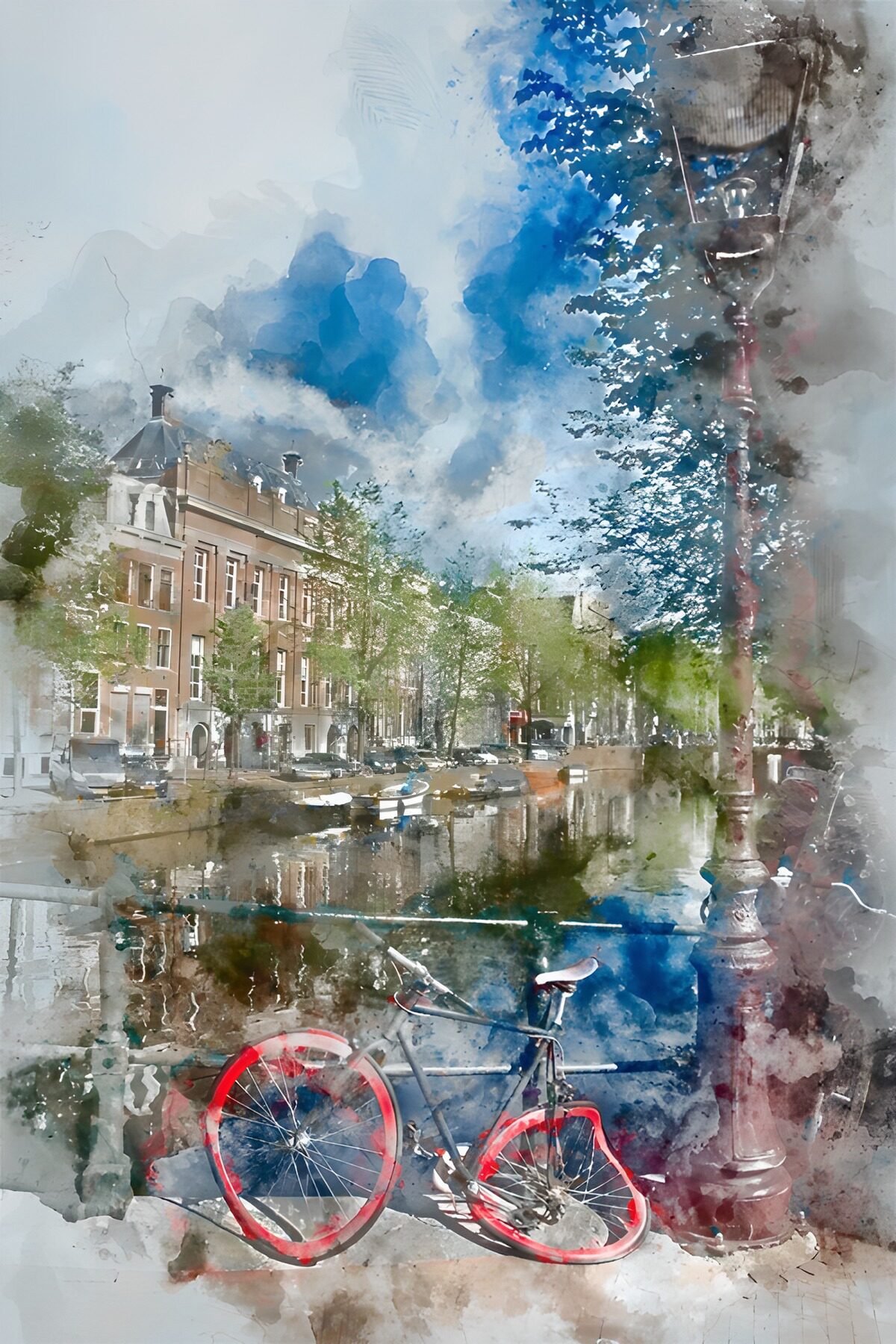 Fiets met rode wielen aan de gracht