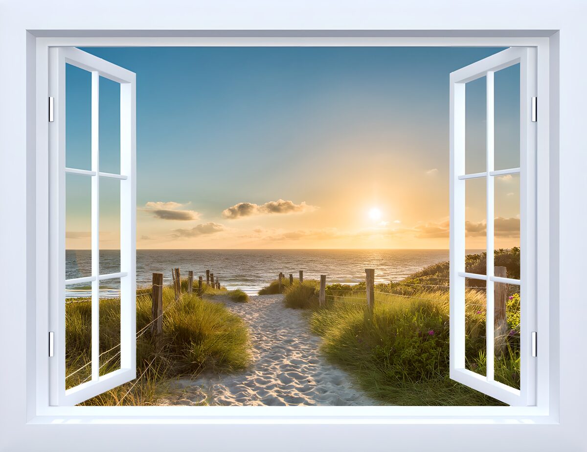 Open raam met duinpad naar zee
