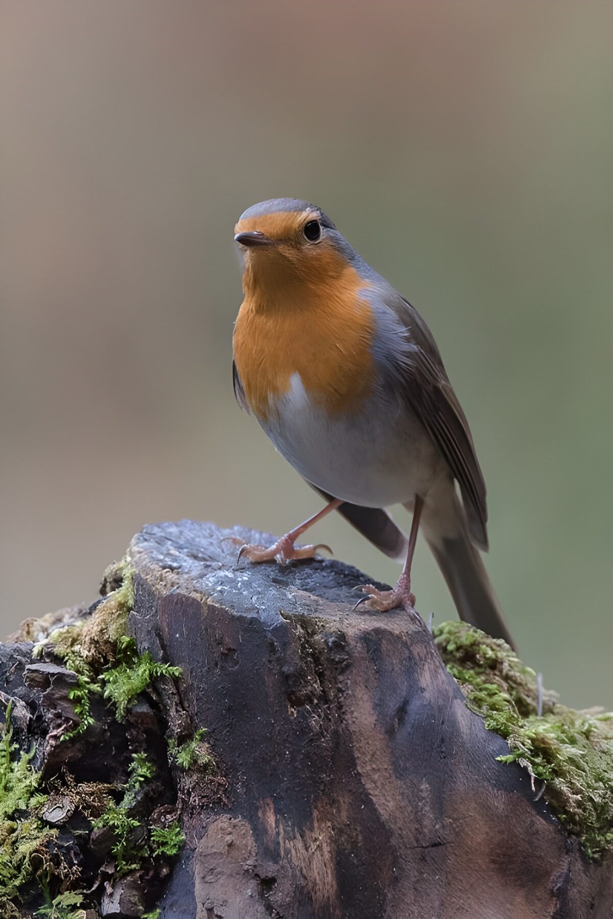 Roodborst op een bemoste boomstronk