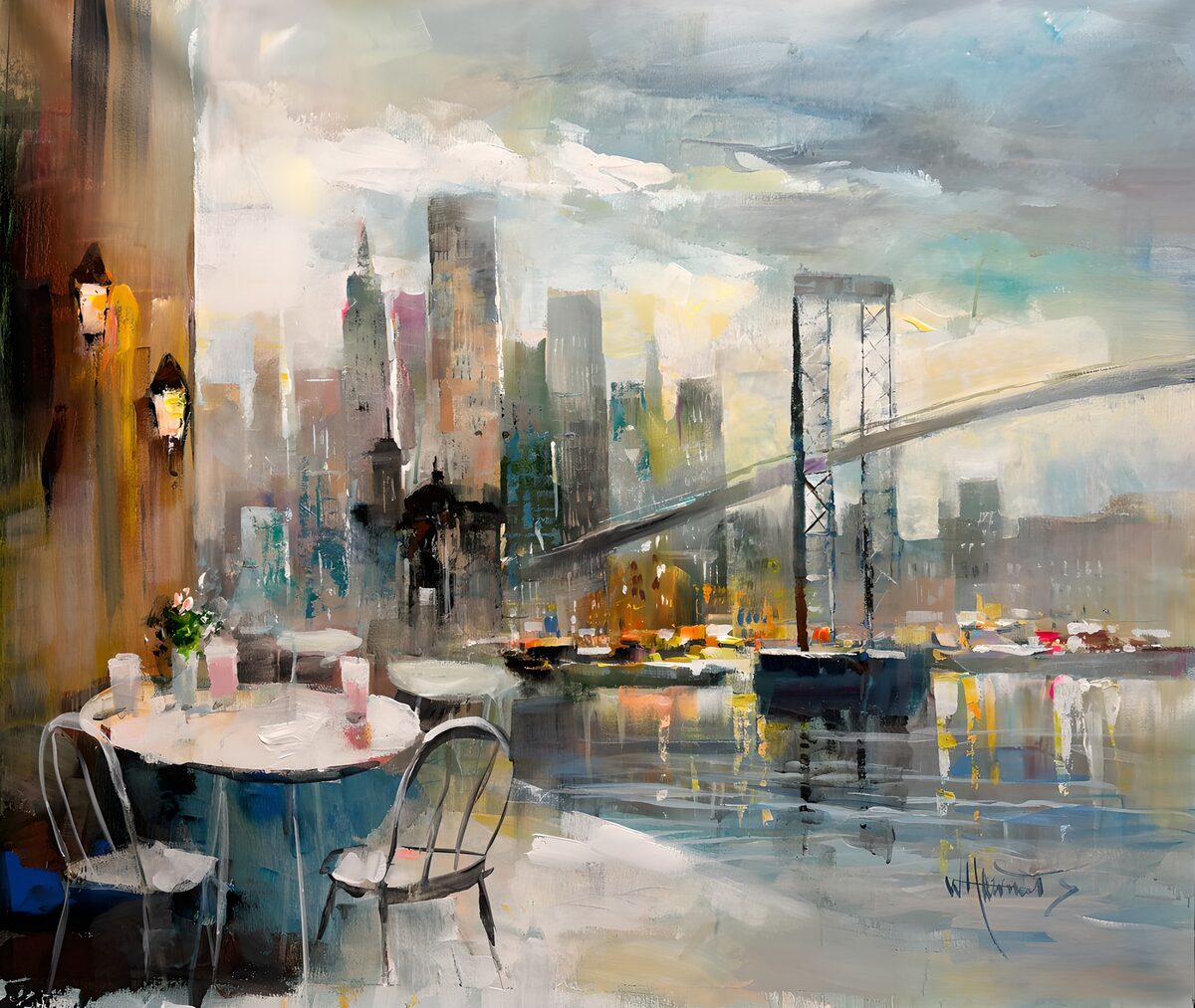 Caféterras met brug en skyline