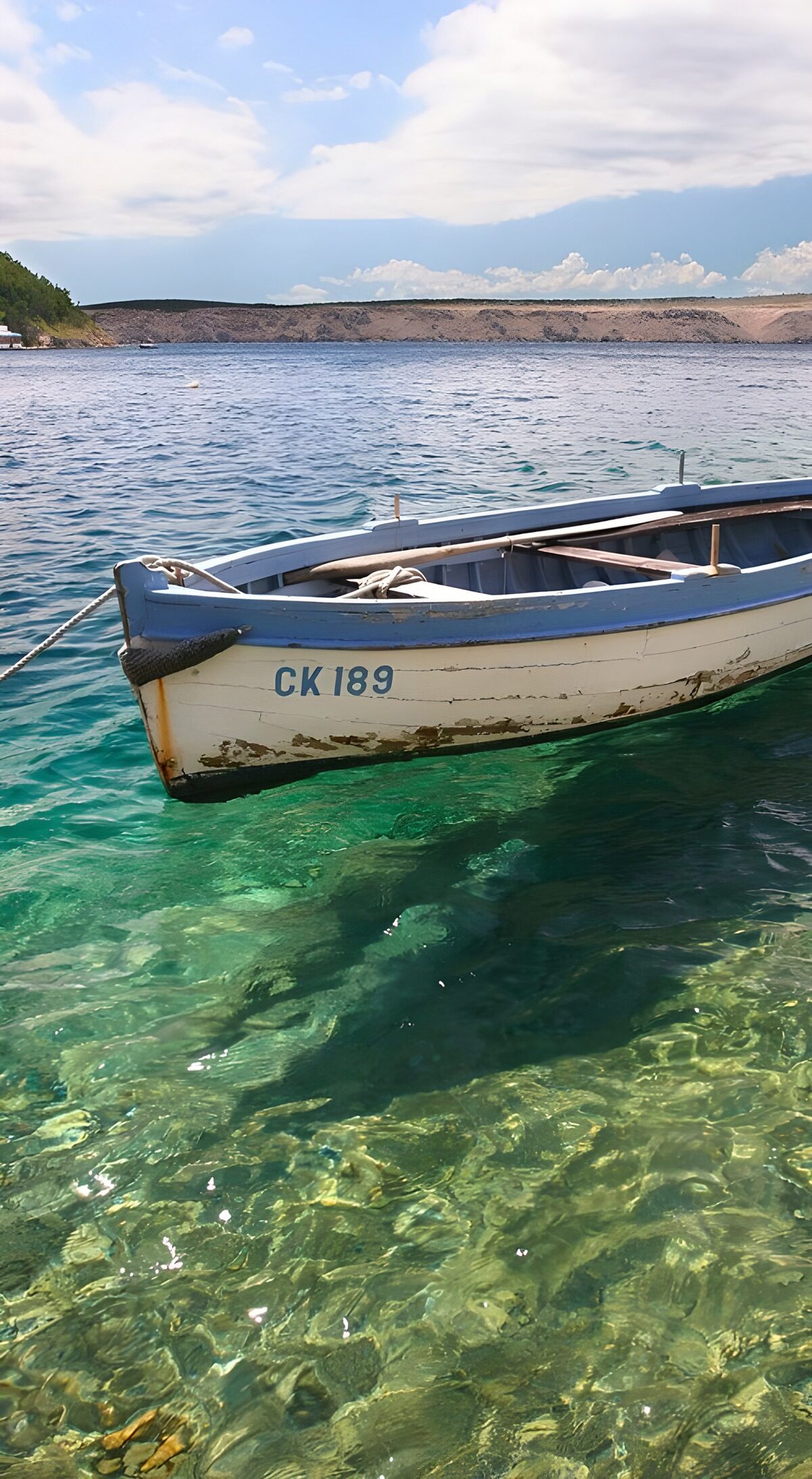 Blauw-witte roeiboot in helder water