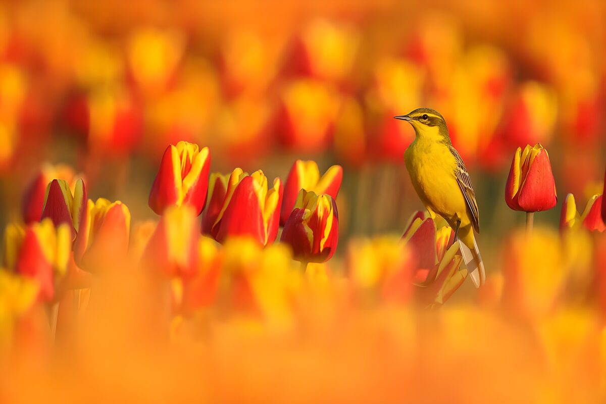 Gele kwikstaart tussen roodgele tulpen