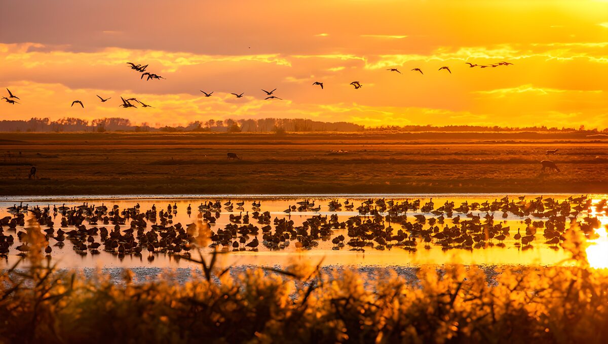 Watervogels in goudgeel licht