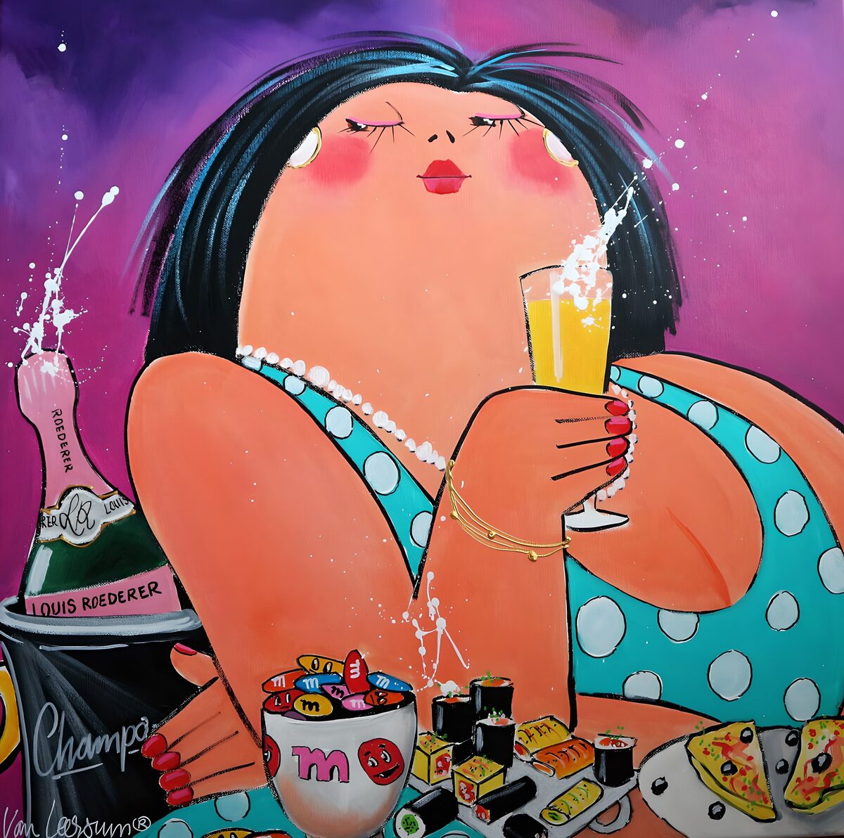 Vrouw met champagne in een stippenjurk