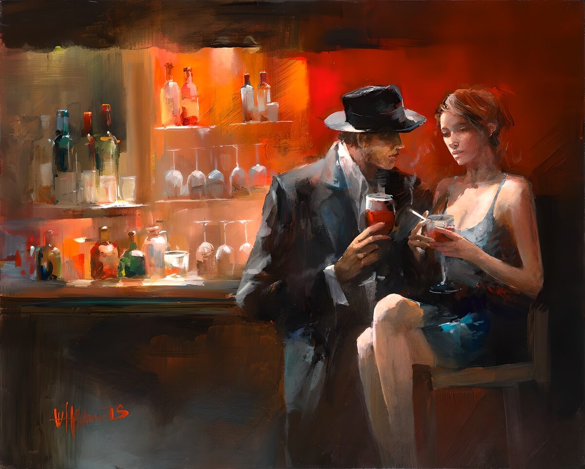 Man en vrouw met drankjes aan de bar