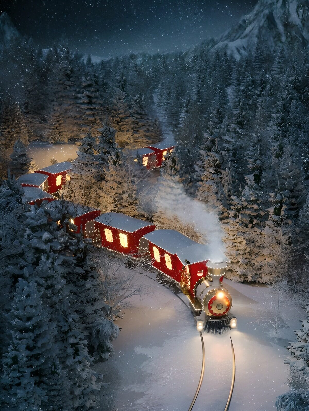 Verlichte kersttrein in een besneeuwd bos