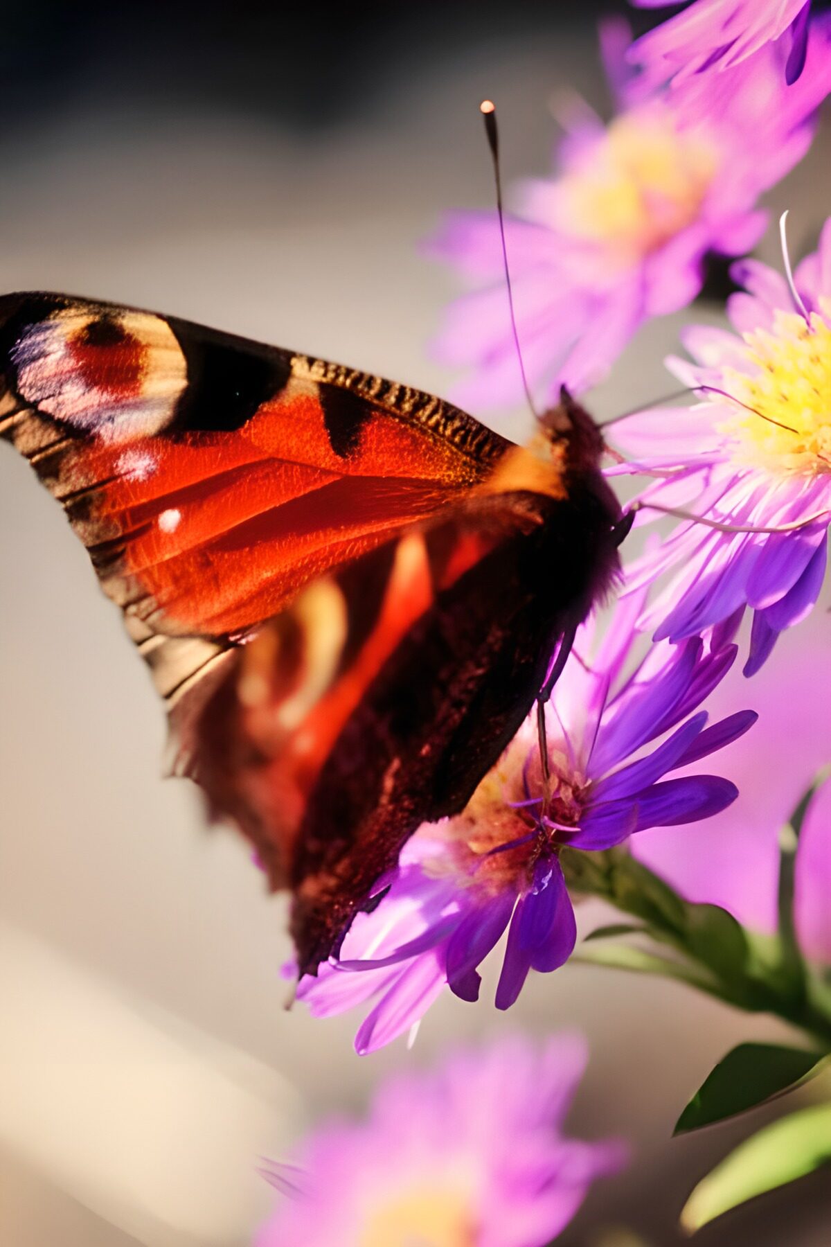 Dagpauwoog op zonovergoten asters
