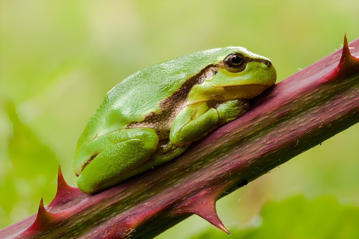 Groene kikker op een doornige stengel