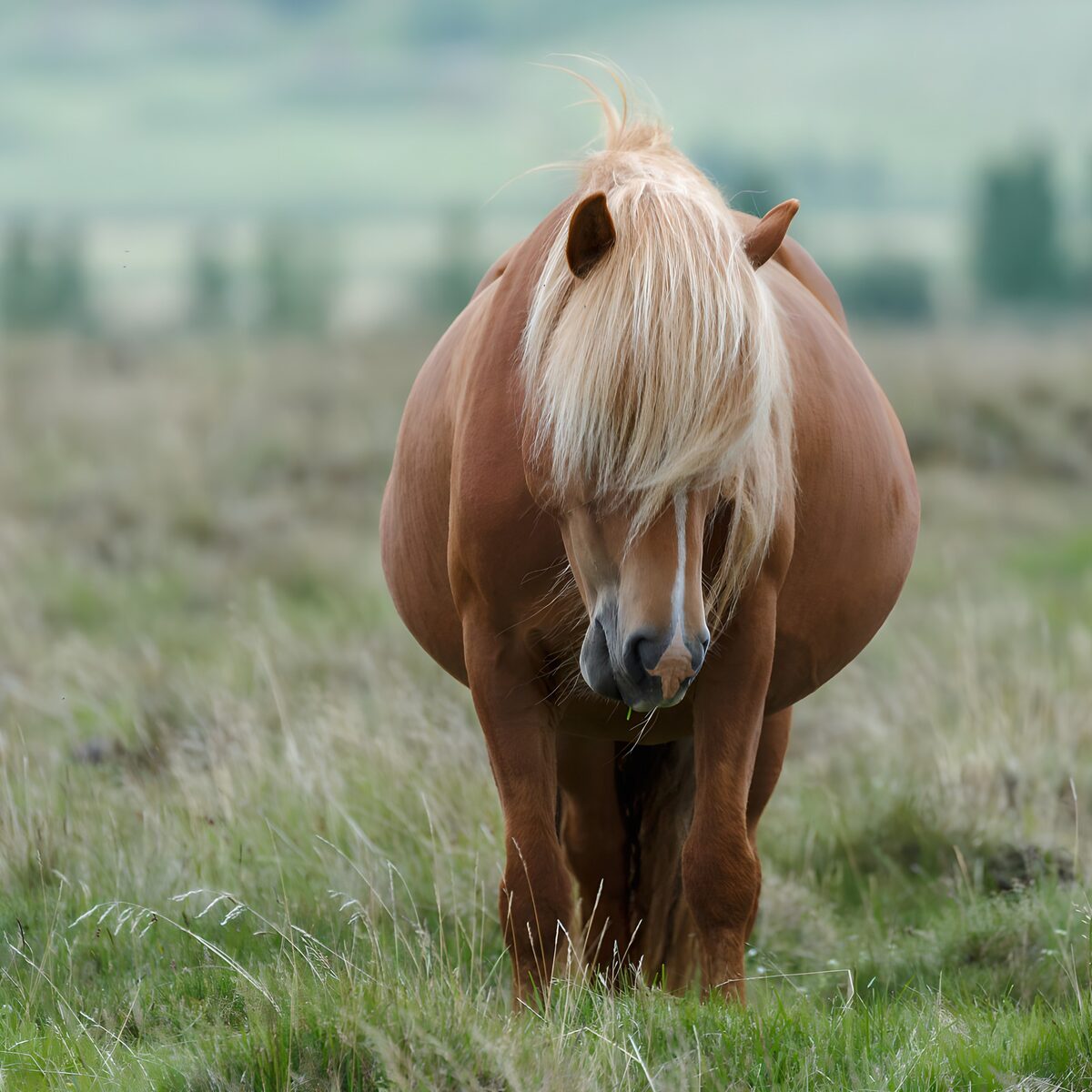 Bruin paard met blonde manen in het gras