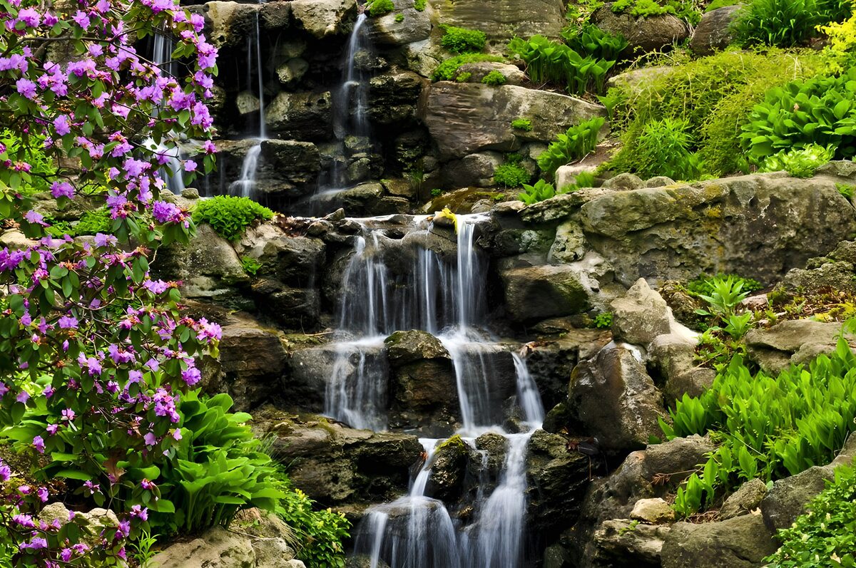 Frisse tuinwaterval met paarse bloemen