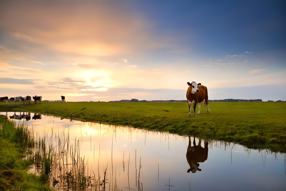 Koeien aan de sloot bij zonsondergang