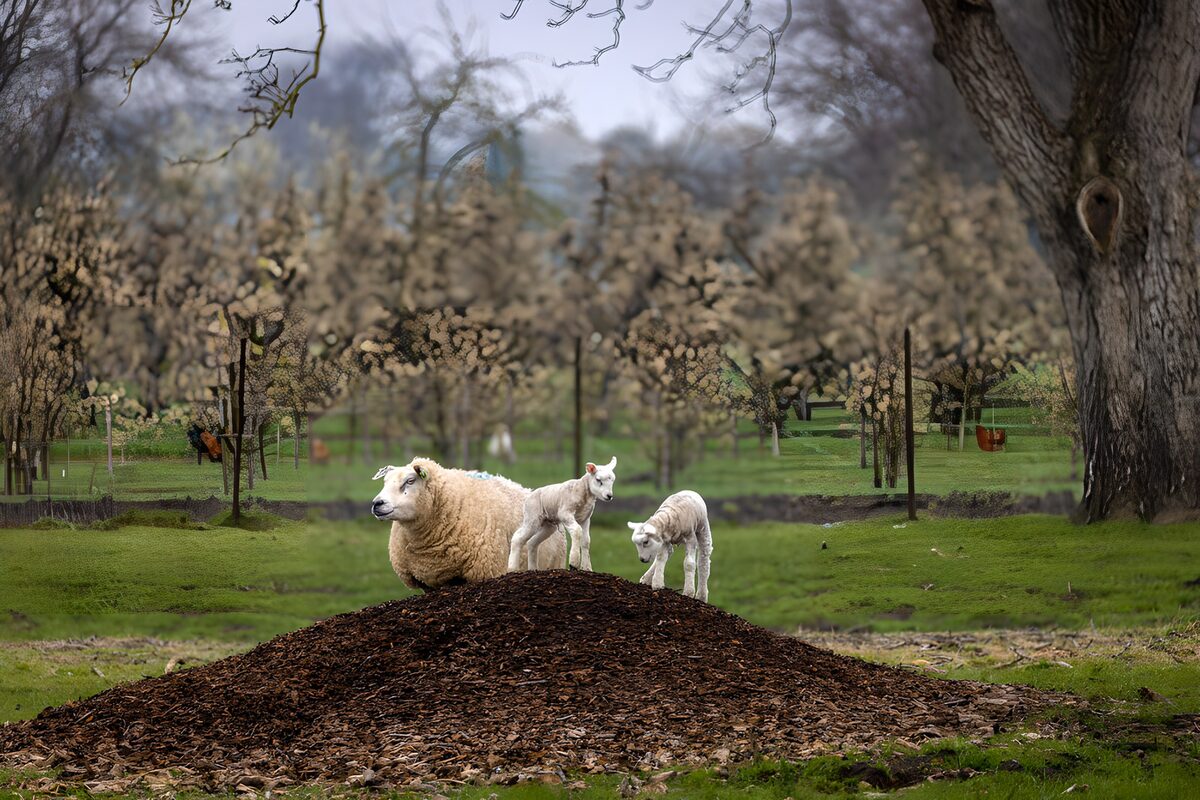 Schaap en twee lammetjes in het lentegroen