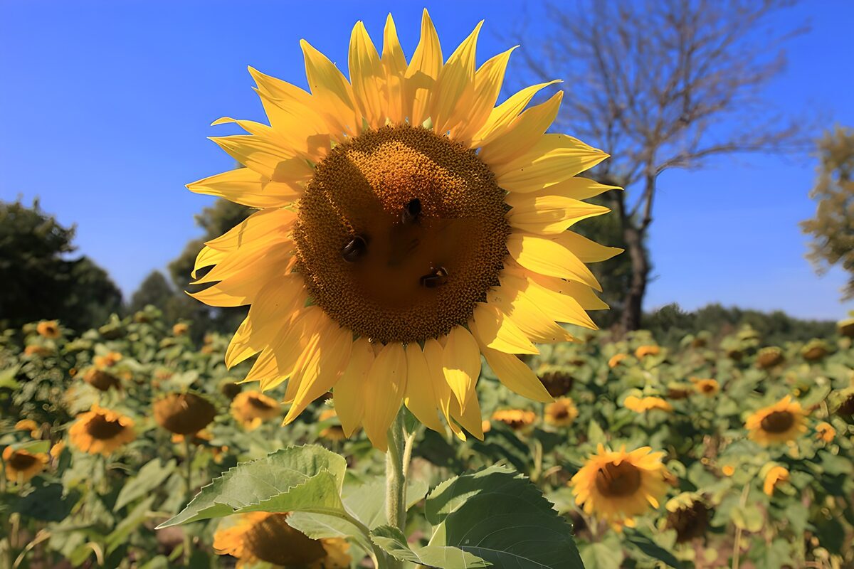 Zonnebloem met bijen onder een blauwe lucht