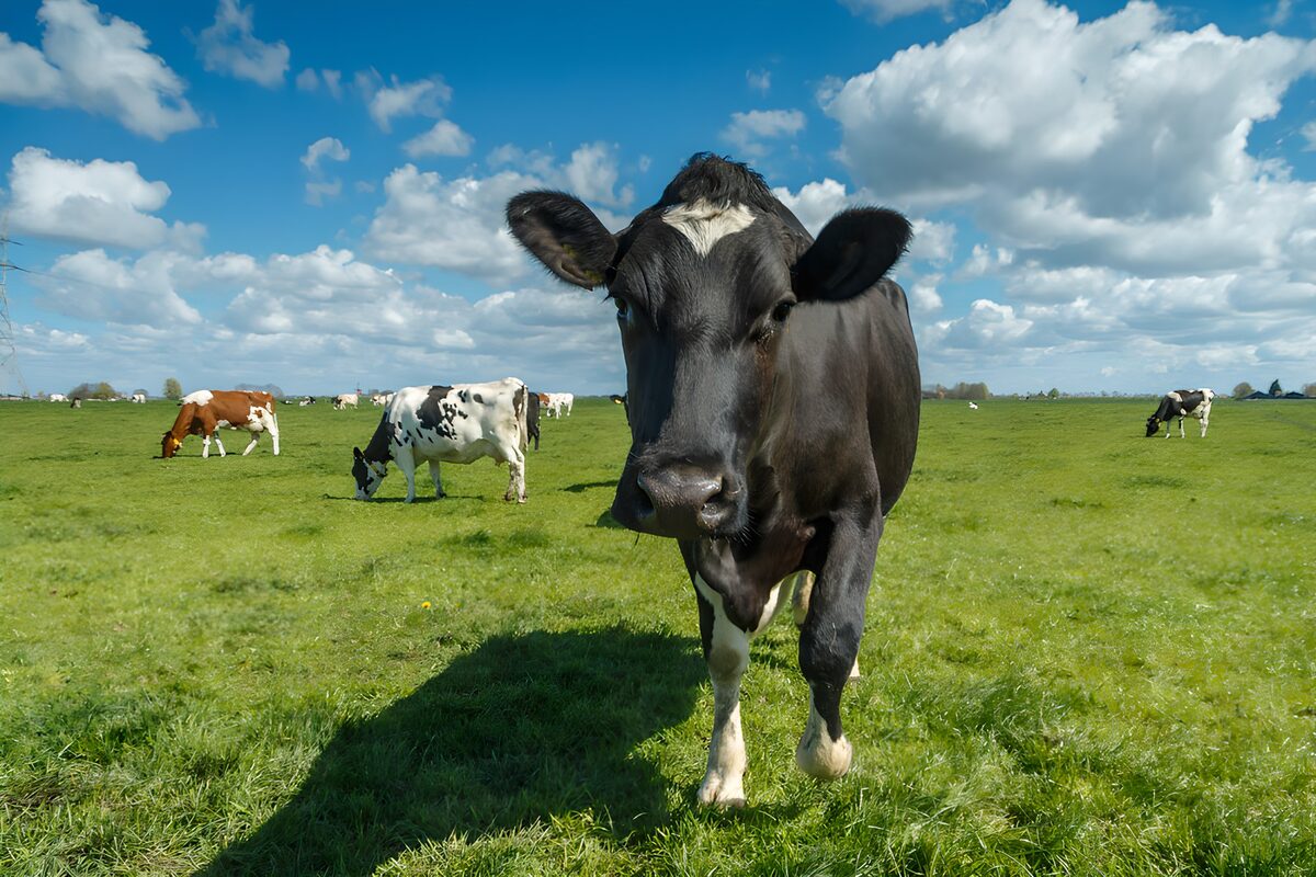 Zwarte koe in een zonovergoten weiland