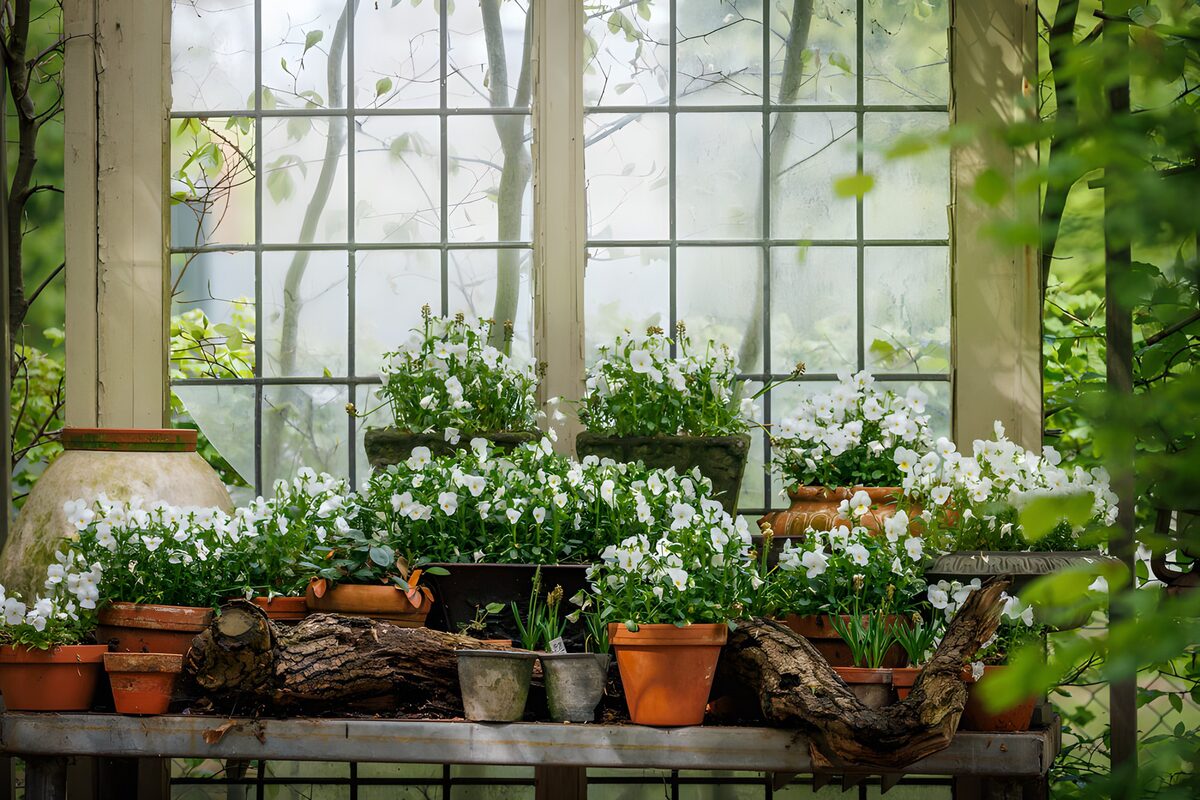 Witte bloemen voor het kasraam
