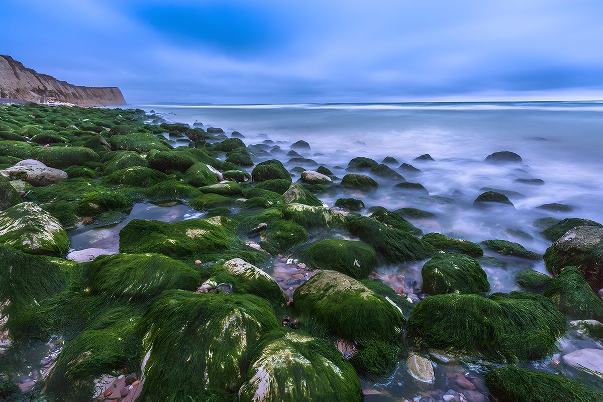Groene rotsen aan een blauwe zee