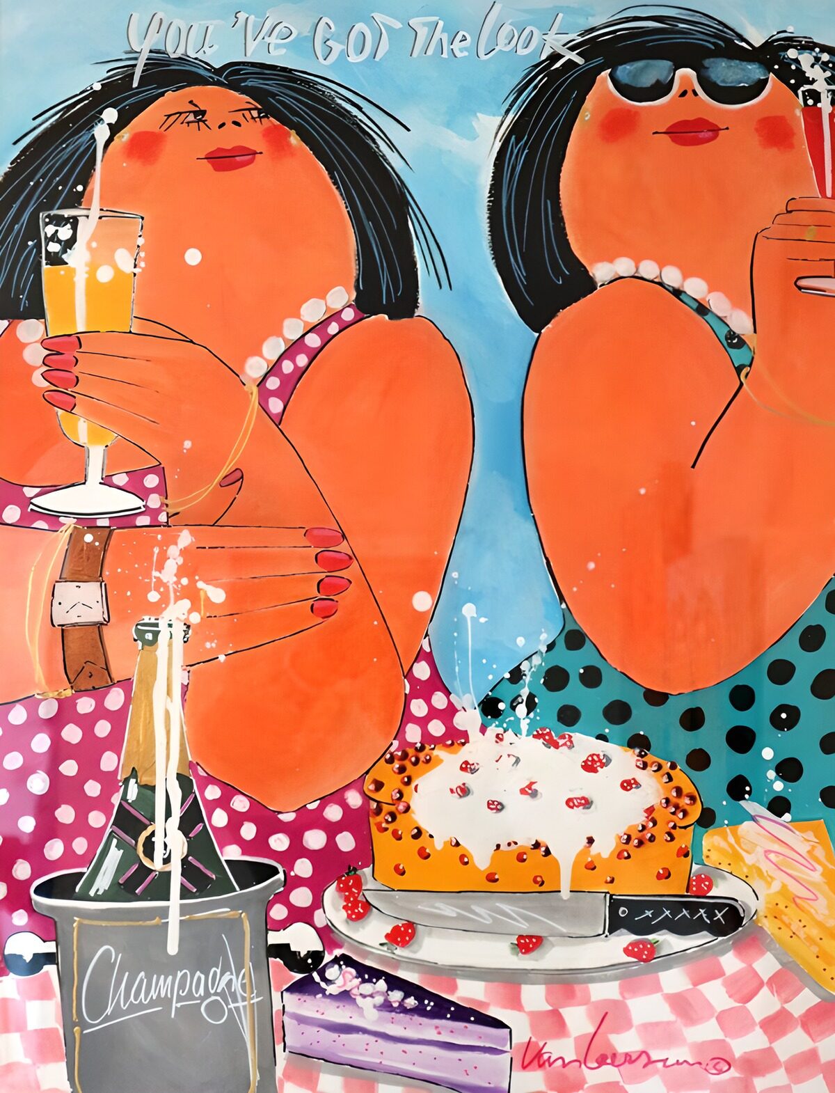 Twee vrouwen met champagne en taart
