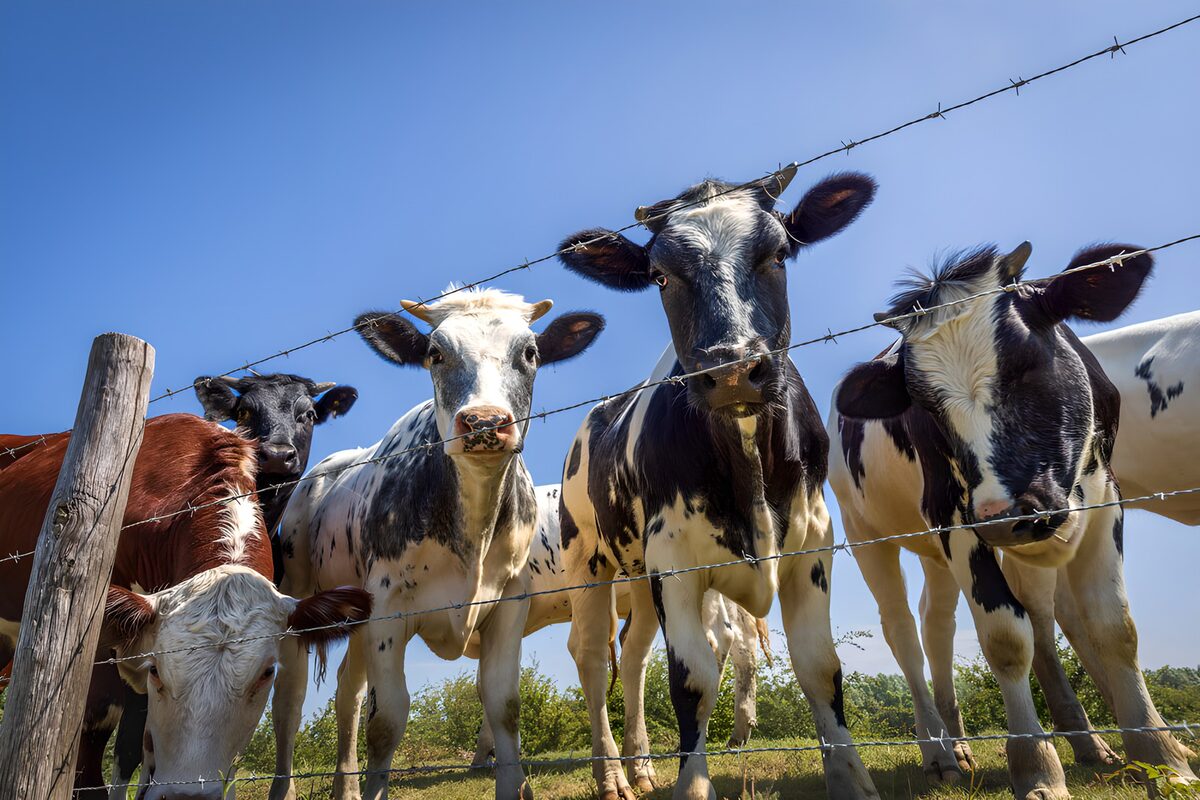 Koeien achter prikkeldraad in de zon