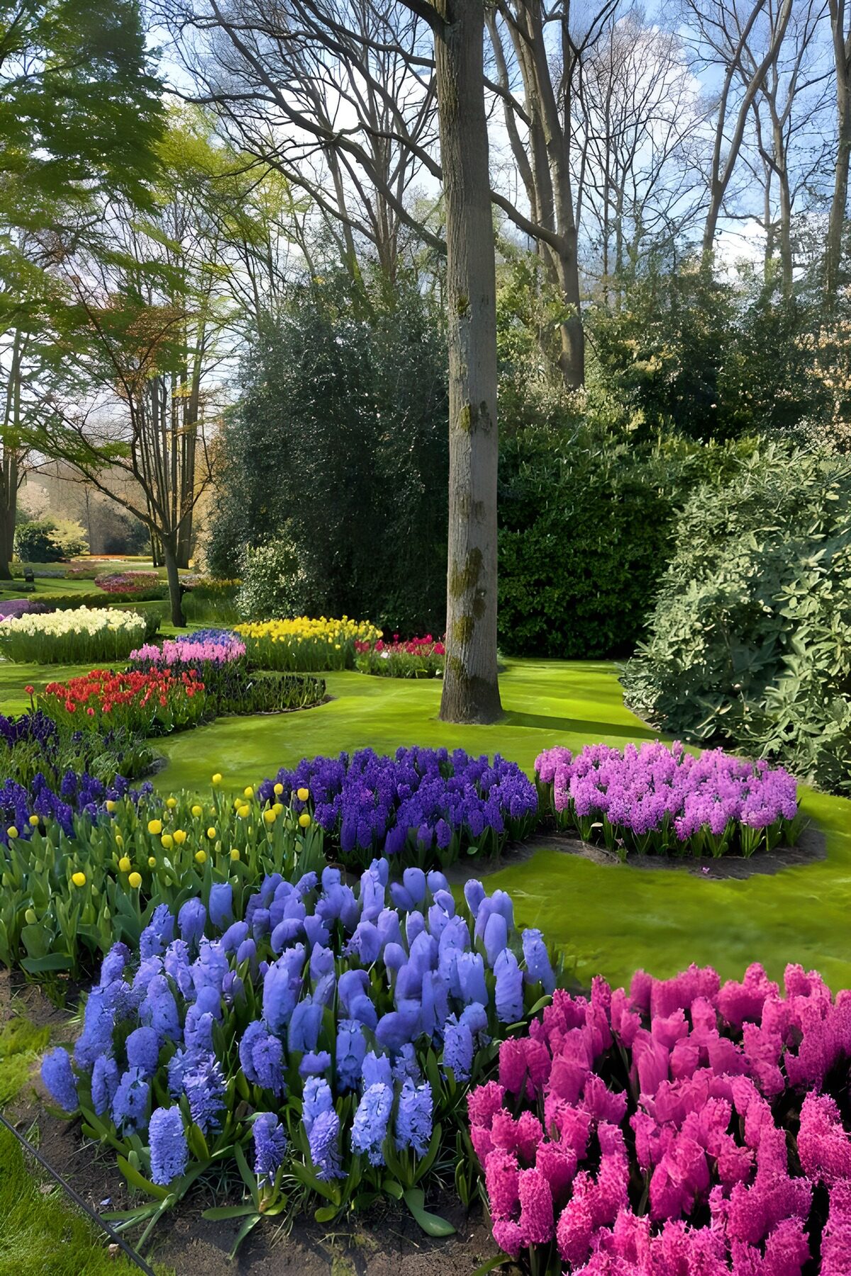 Hyacinten en tulpen in de lentetuin