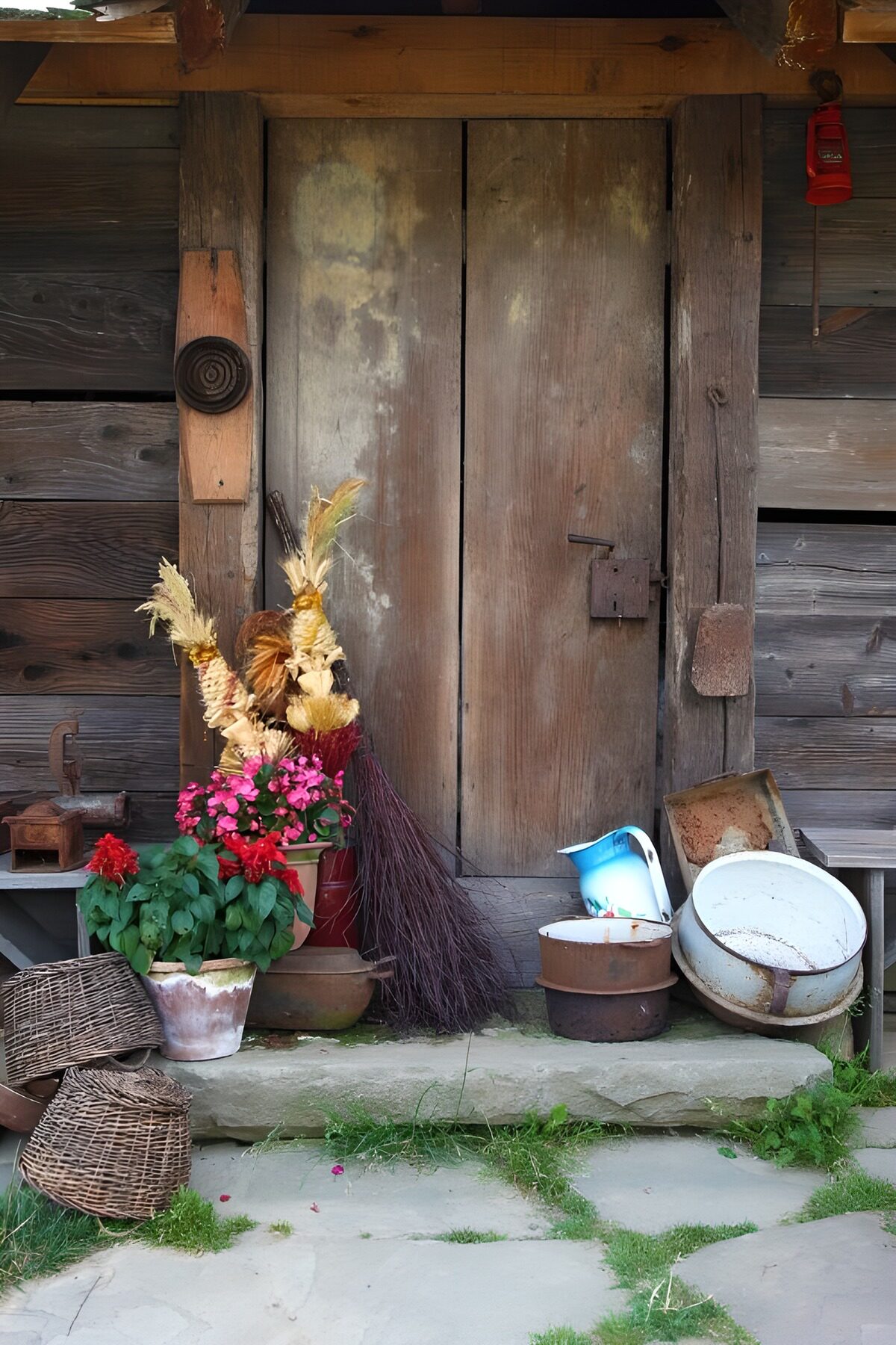 Oude houten deur met bloemen en manden