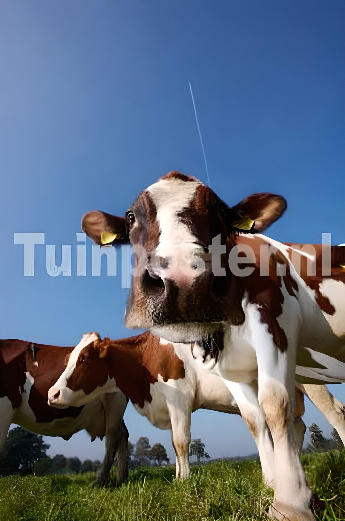 Bruin-witte koeien onder een blauwe lucht