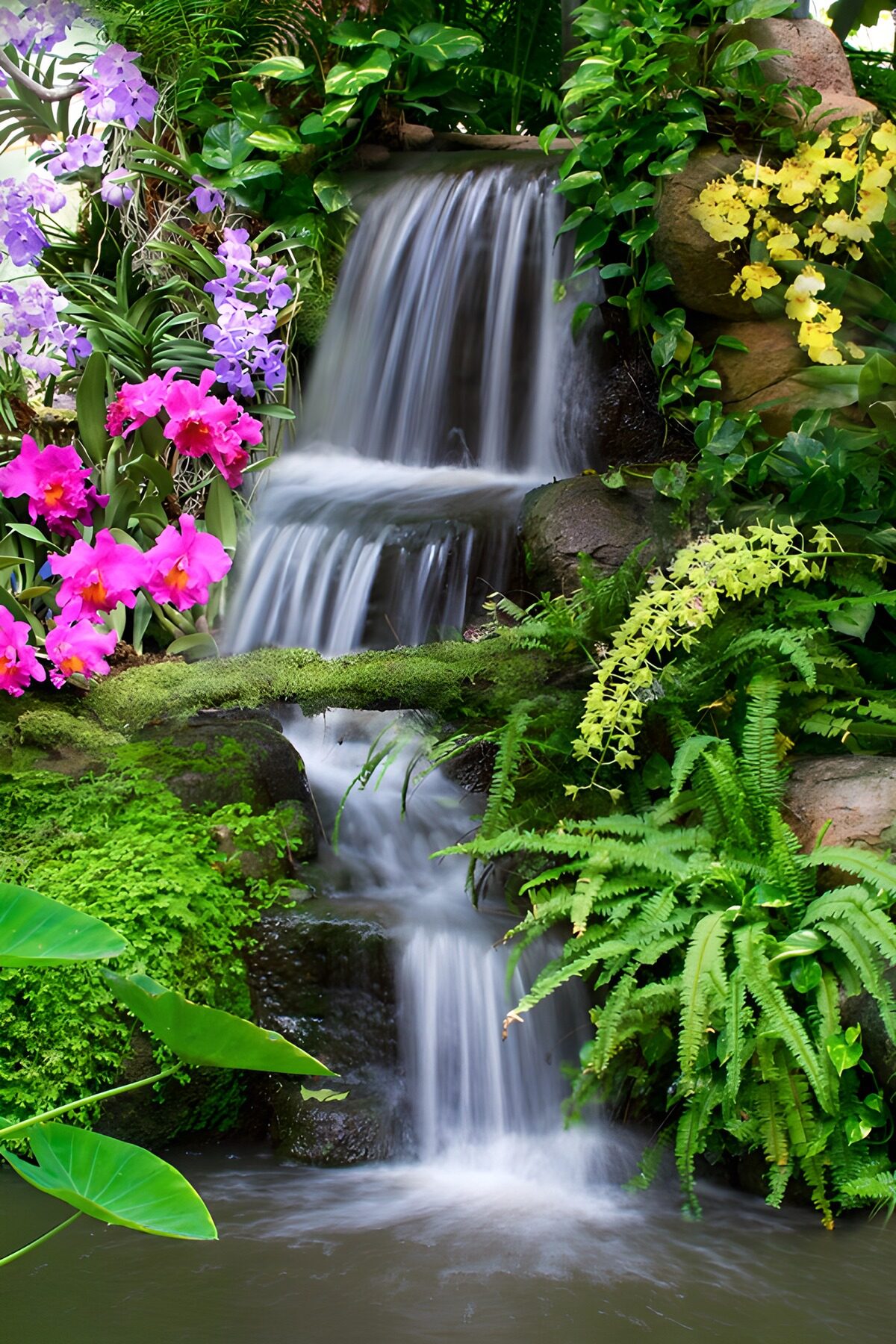 Waterval tussen orchideeën en varens