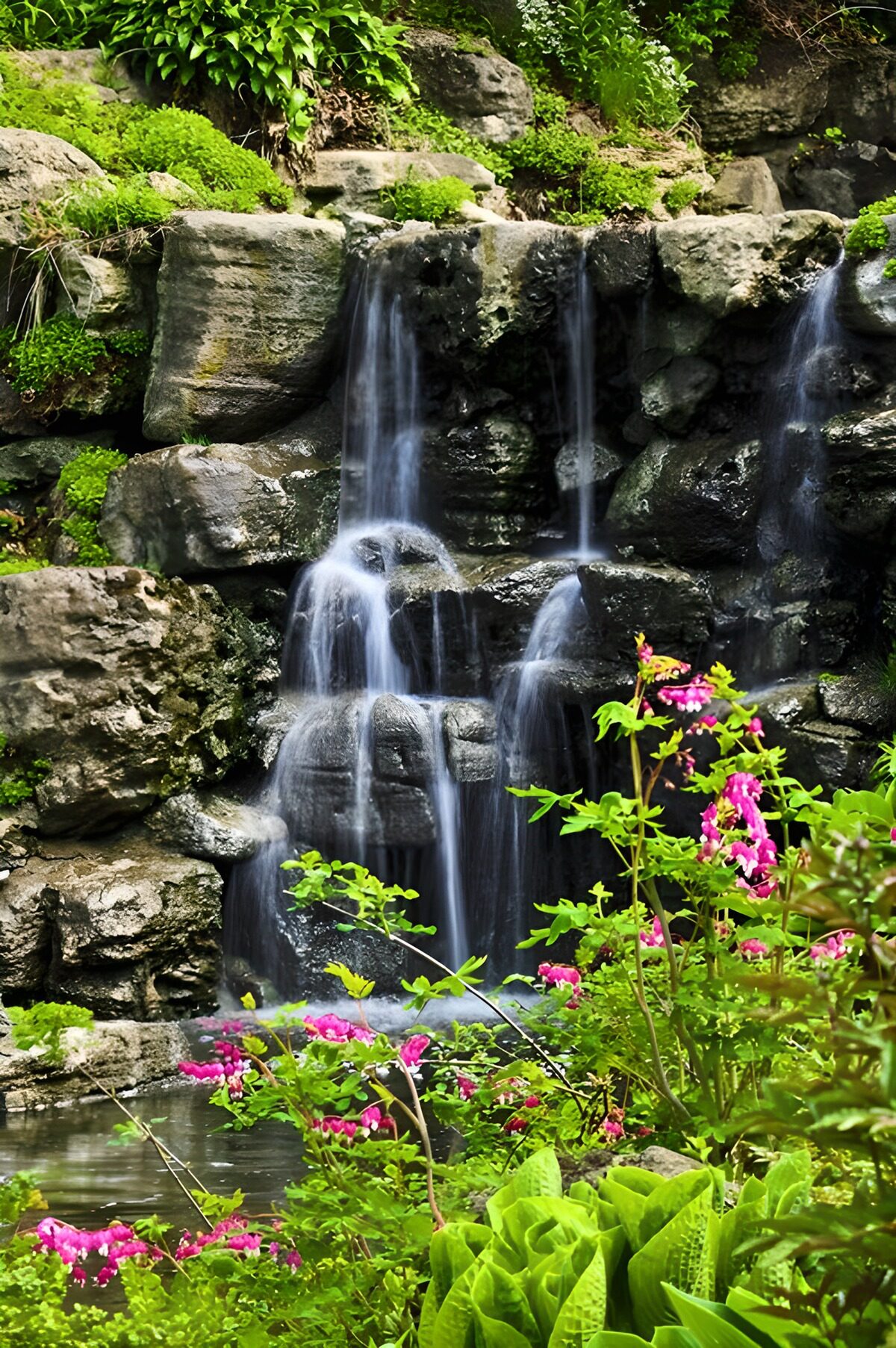 Tuinwaterval tussen rotsen en bloemen