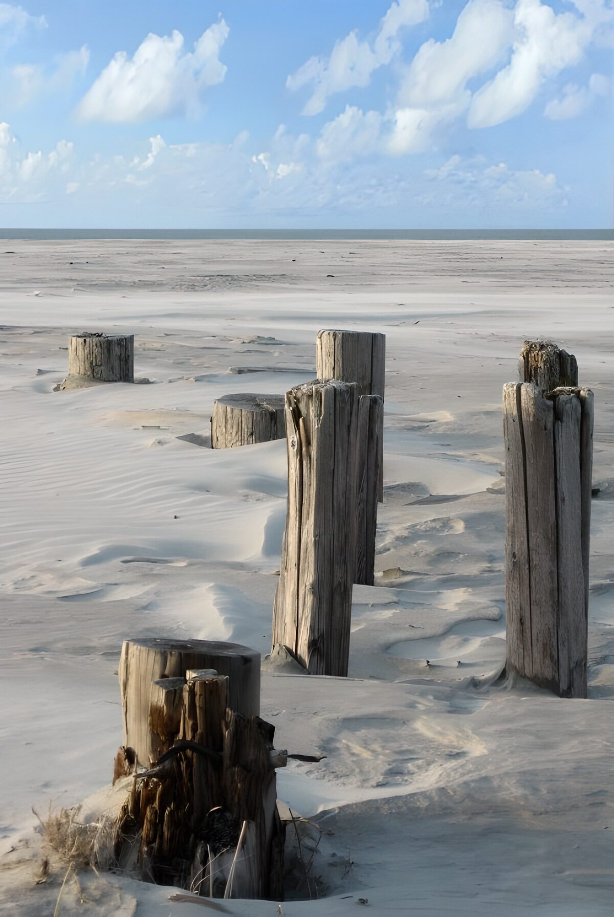 Verweerde palen op een stil strand