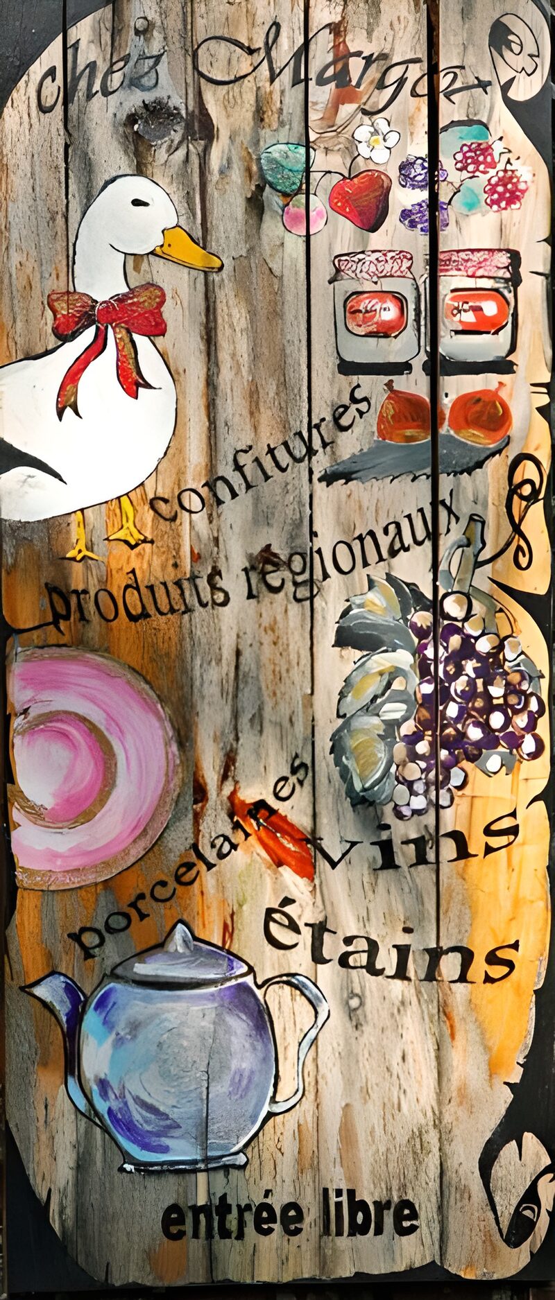 Houten winkelbord met eend en theepot