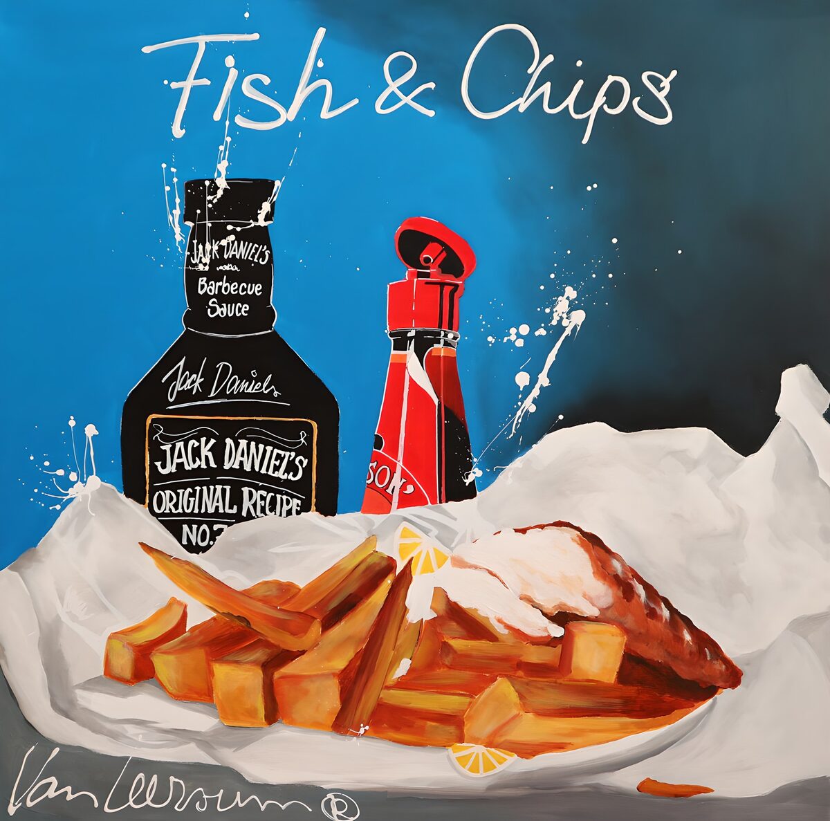 Fish & chips tegen een blauwe achtergrond