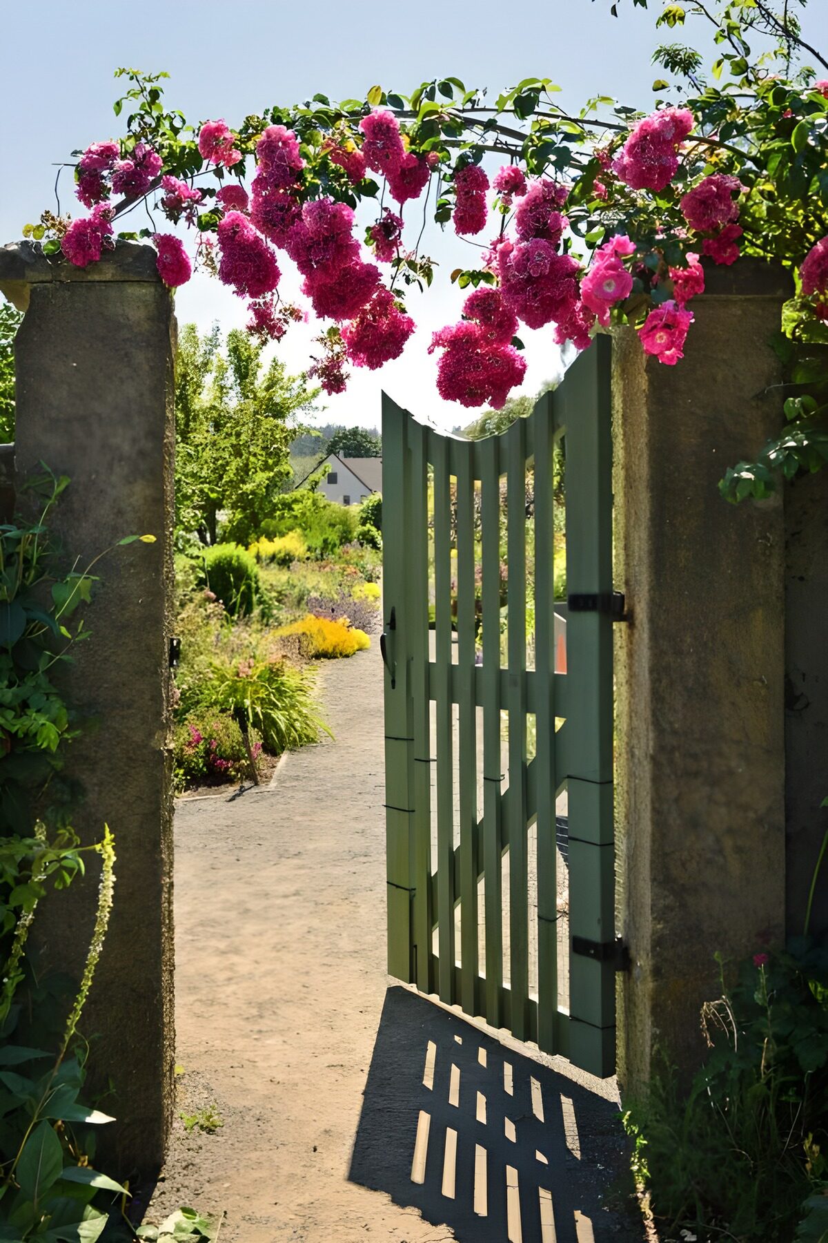 Open tuinpoort onder roze bloemen