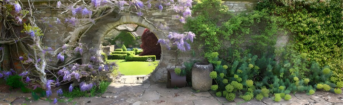 Blauweregen rond een ronde tuinpoort