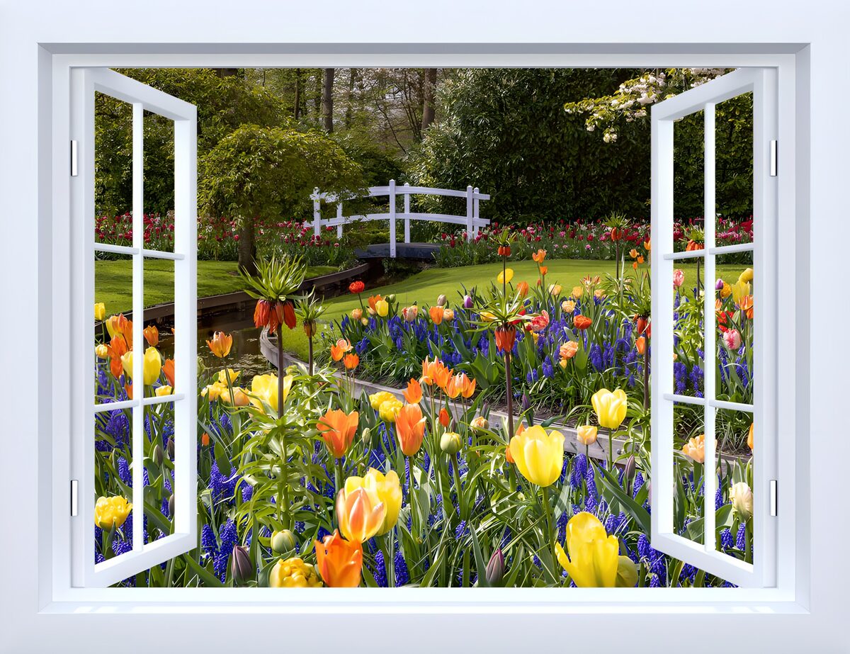 Open raam op een kleurrijke lentetuin