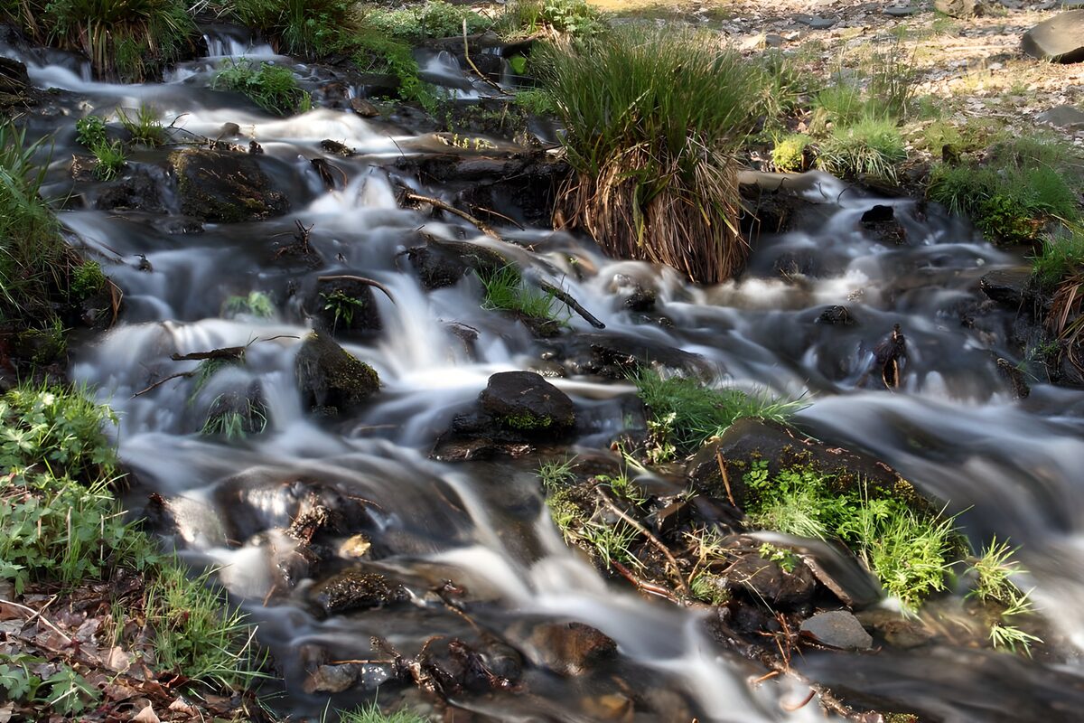Beek met rotsen en kleine watervallen