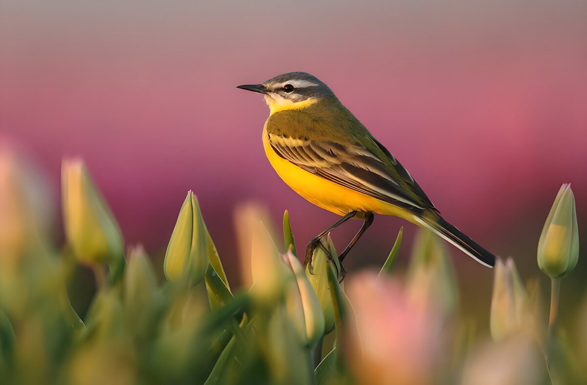 Gele kwikstaart op een tulpenknop
