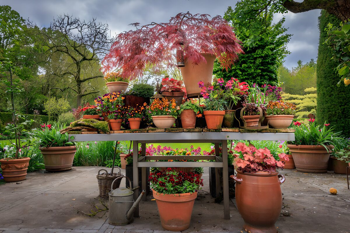 Tuintafel vol bloemen en terracotta