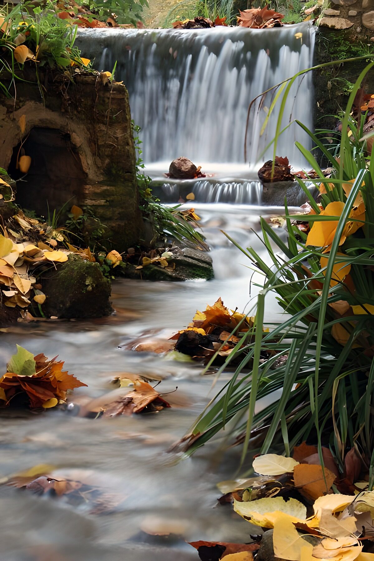 Waterval tussen steen en herfstblad