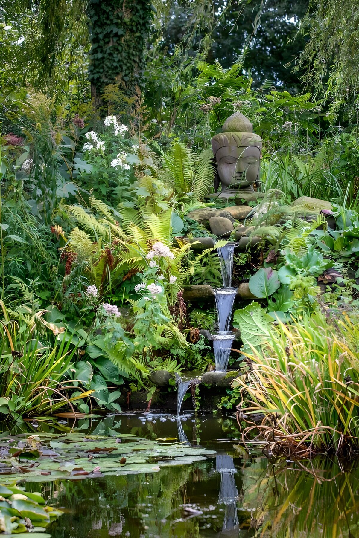 Boeddhahoofd boven een groene waterval