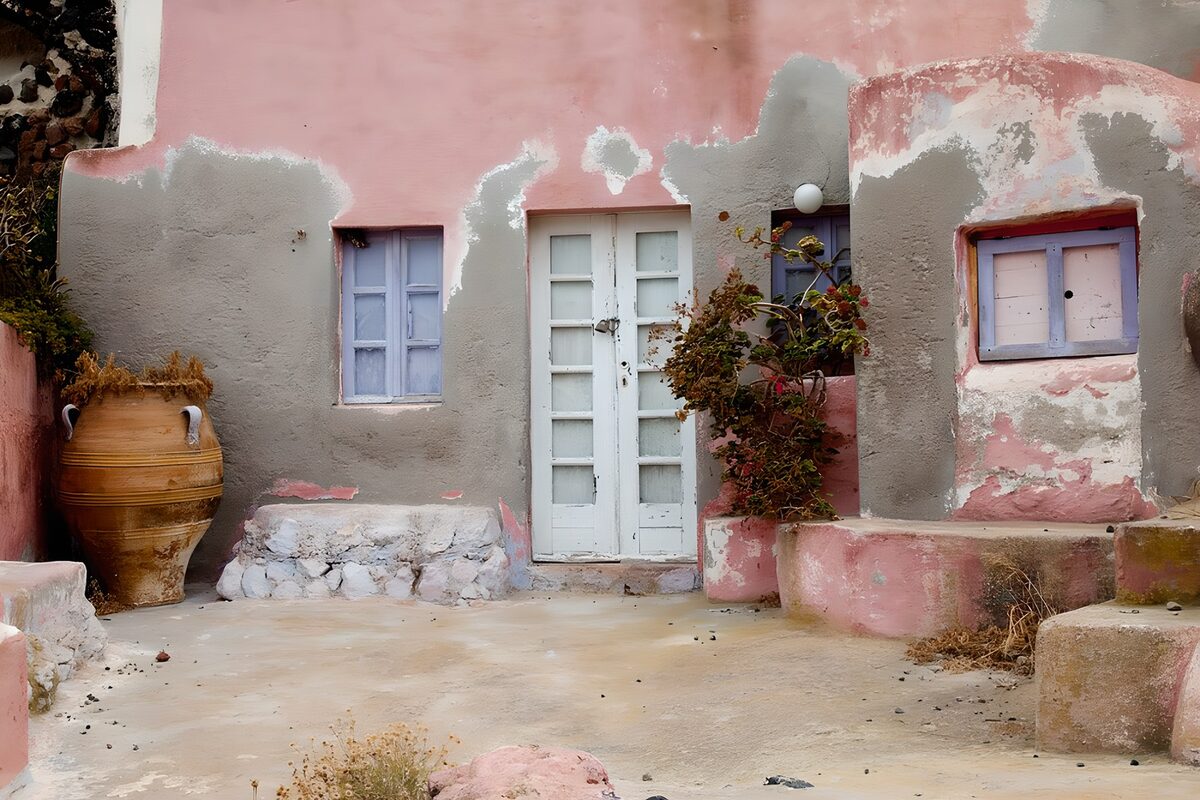 Roze gevel met witte deur en luiken