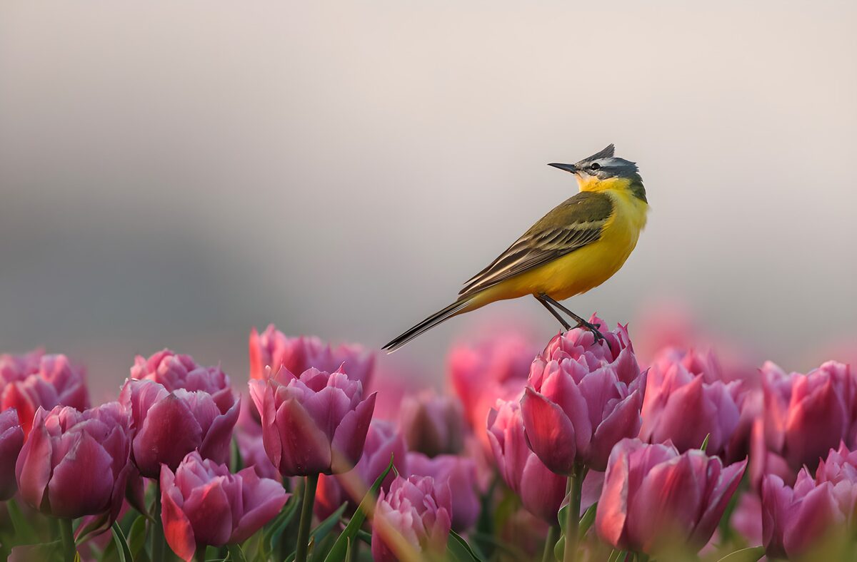 Gele kwikstaart tussen roze tulpen