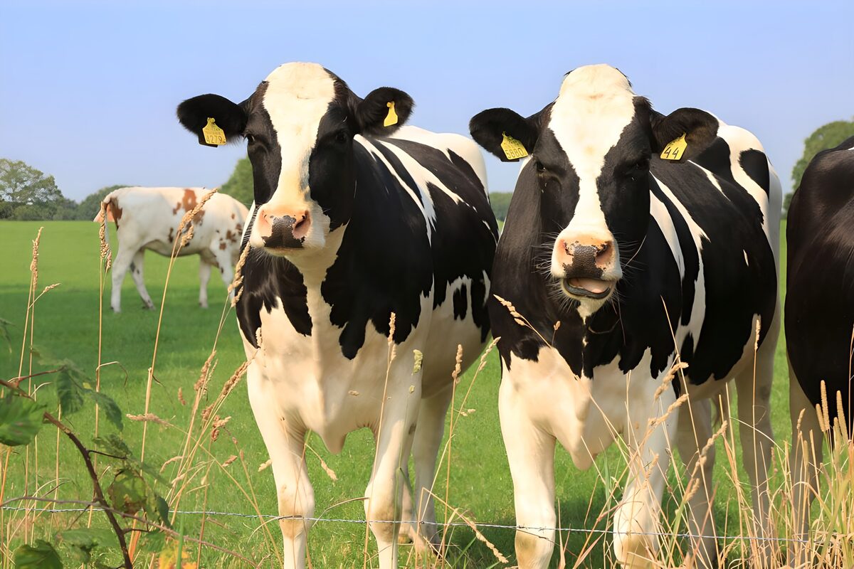 Twee zwart-witte koeien in de zonnige wei