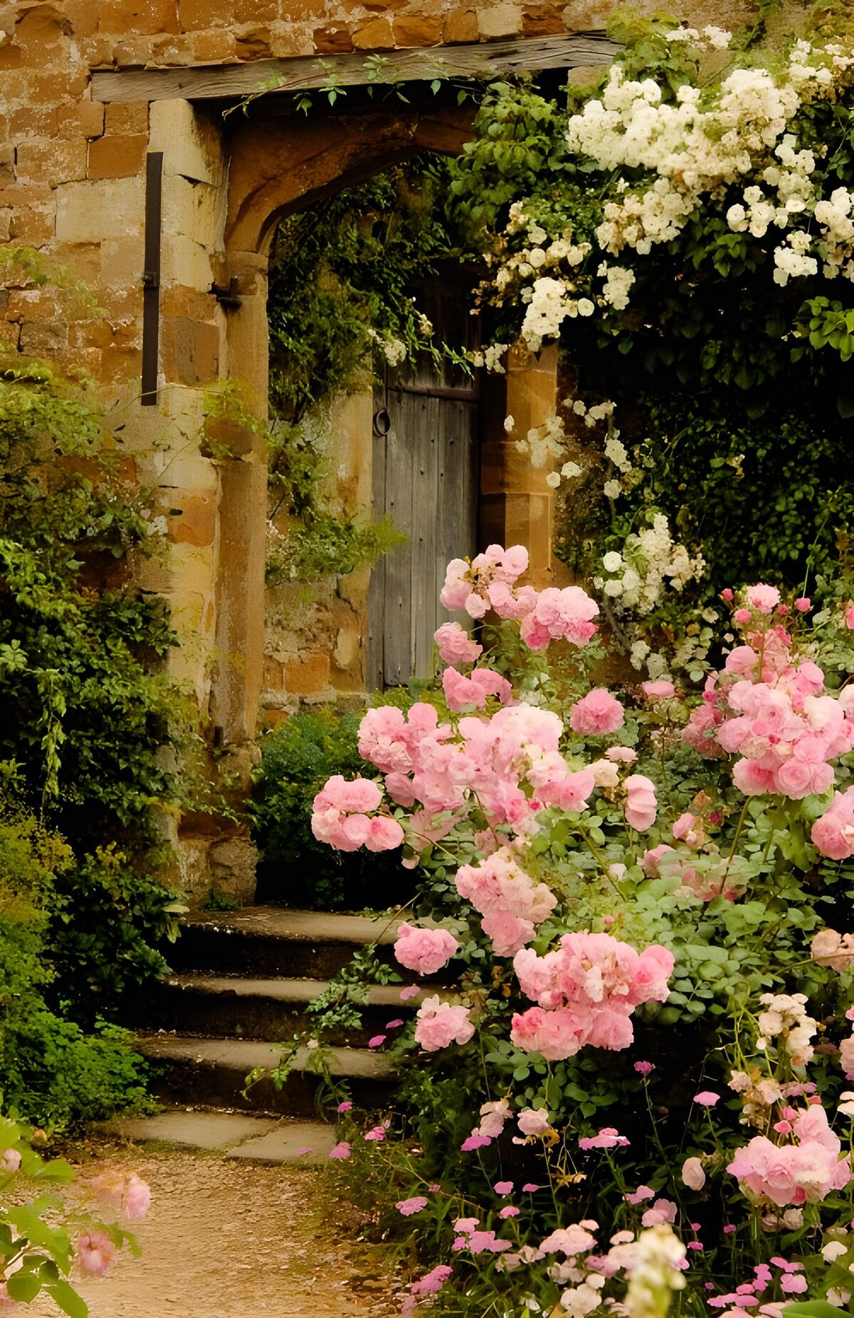 Oude deur tussen roze en witte rozen