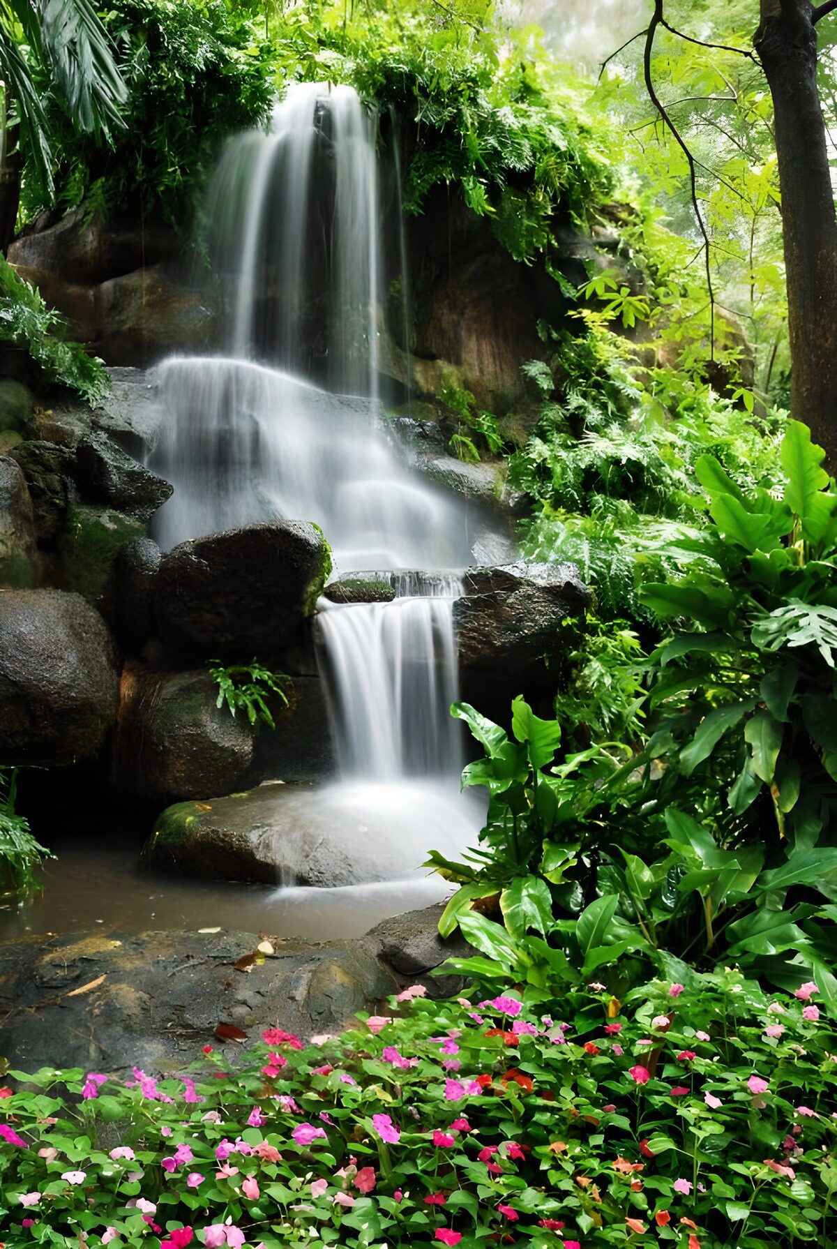 Waterval tussen groen en roze bloemen