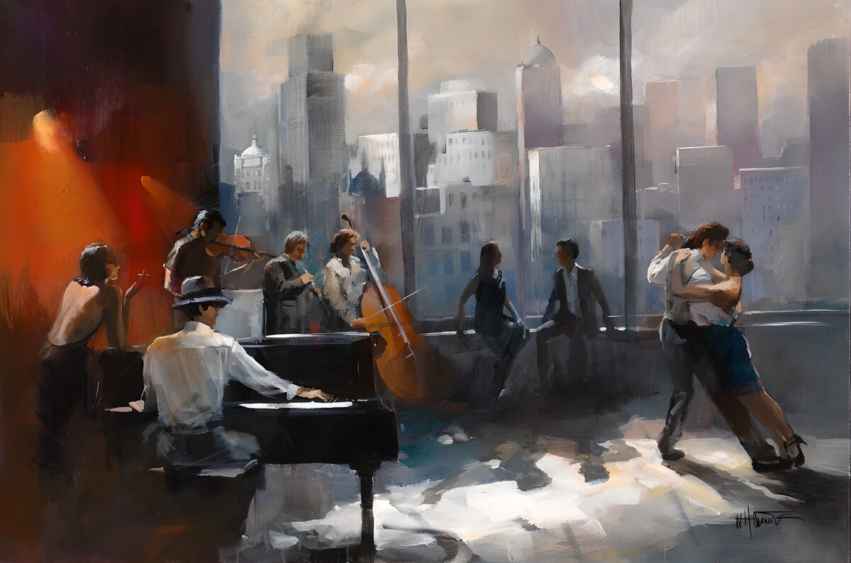 Pianist en danspaar voor de skyline
